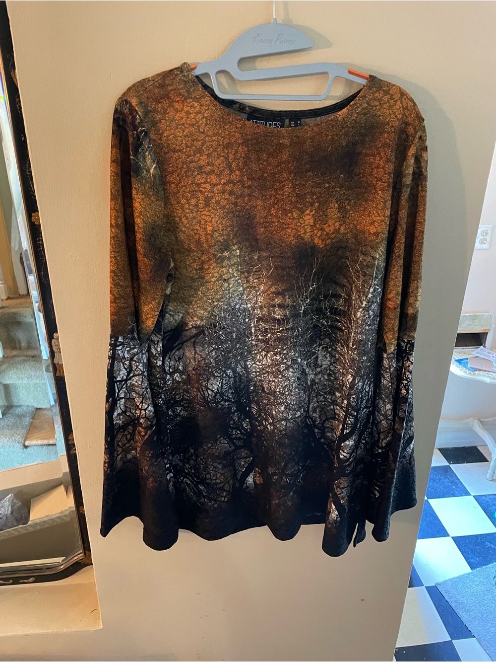 Attitudes by Renee Black & Rust Forest-Print Long Sleeve Top with bell sleeves